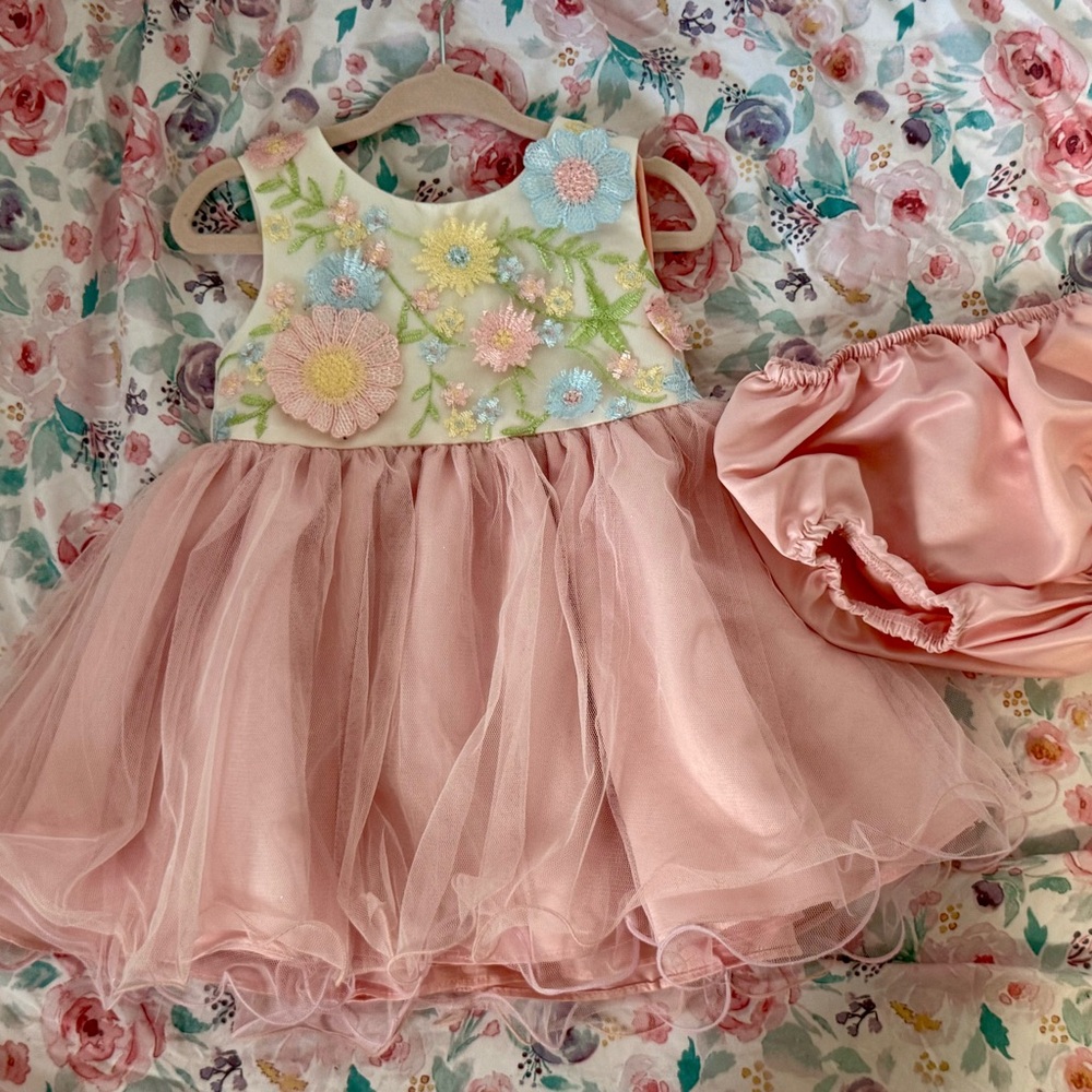 Floral Embroidered Pink Baby Dress with Bloomers